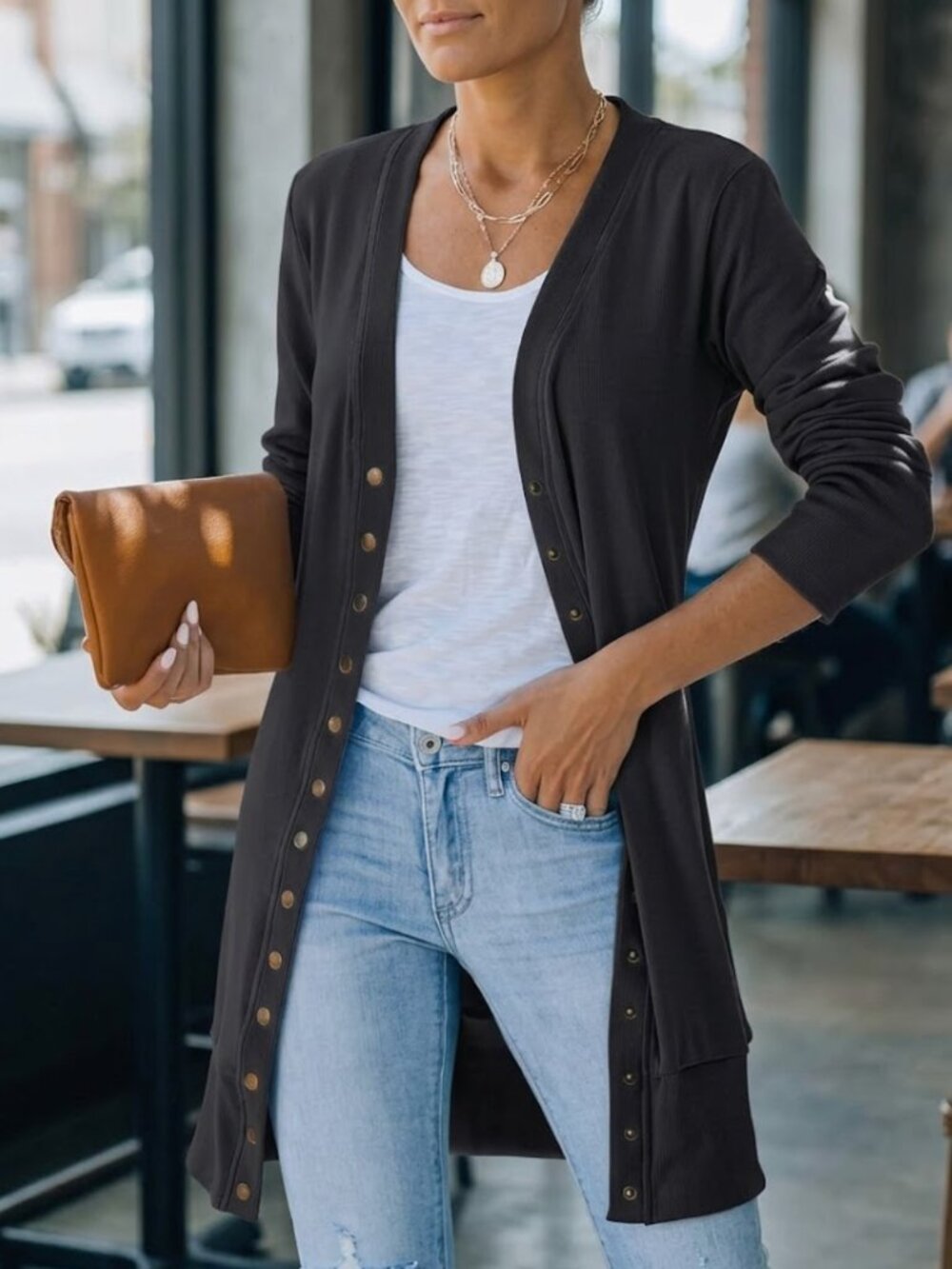 MEROKEETY Spring Knit Cardigan Sweater Snap Button Down Open Front Black Top - Picture 1 of 6